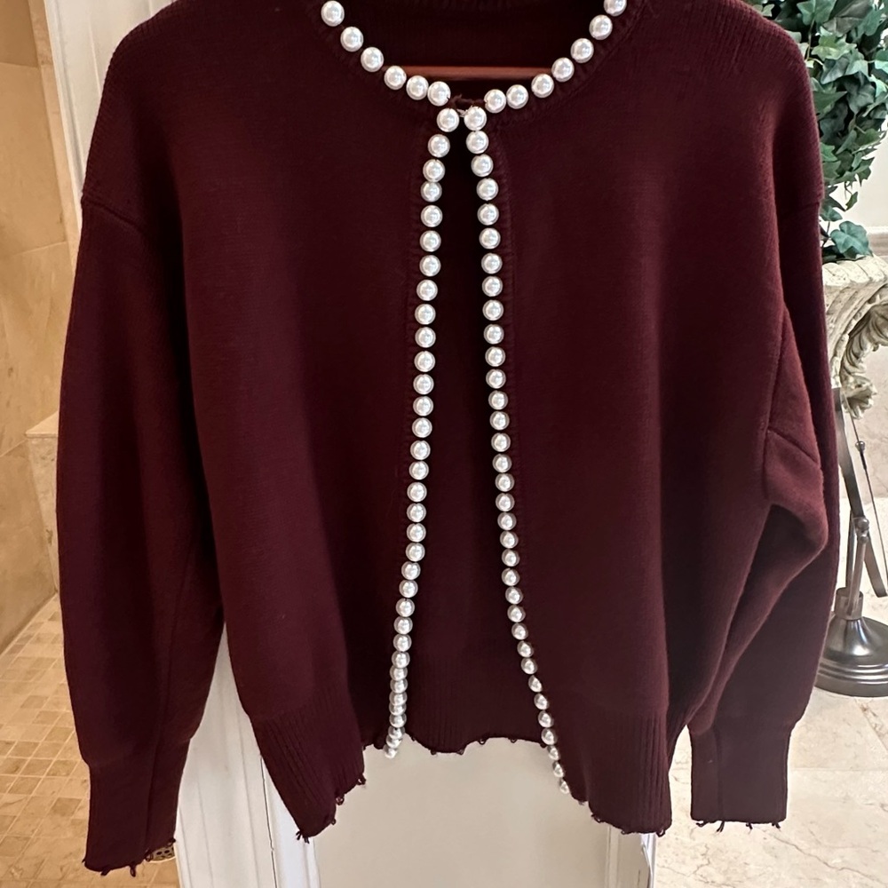 Elegant Burgundy Sweater with Pearl Detailing